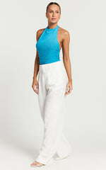 Oaklyn Top - High Draped Neck Mesh Top in Blue