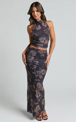 Oaklyn Top - High Draped Neck Mesh Top in Seraphina Print