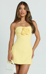 Odelle Mini Dress - Tulip Hem Cut Out 3D Floral Dress in Lemon