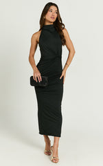 Olenna Midi Dress - Halter Neck Twist Detail Tie Back Dress in Black