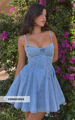 Amalie The Label - Caraline Recycled Cotton A Line Mini Dress in Light Blue Wash