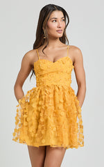Prague Mini Dress - Strappy Embroidered Tulle Bustier Dress in Marigold