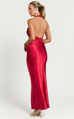 Prima Midi Dress - Plunge Satin Dress in Red