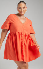 Staycation Mini Dress - Smock Button Up Dress in Coral