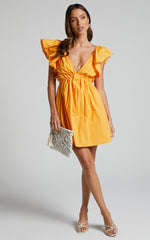 Raiza Mini Dress - Ruffle Sleeve Tie Back Plunge Dress in Marigold