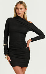 Raquel Mini Dress - One Shoulder Long Sleeve Ruched Dress in Black