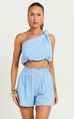 Raylene Two Piece Set - Linen Knotted One Shoulder Top and Paper Bag Waist Shorts in Blue