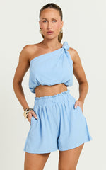 Raylene Two Piece Set - Linen Knotted One Shoulder Top and Paper Bag Waist Shorts in Blue
