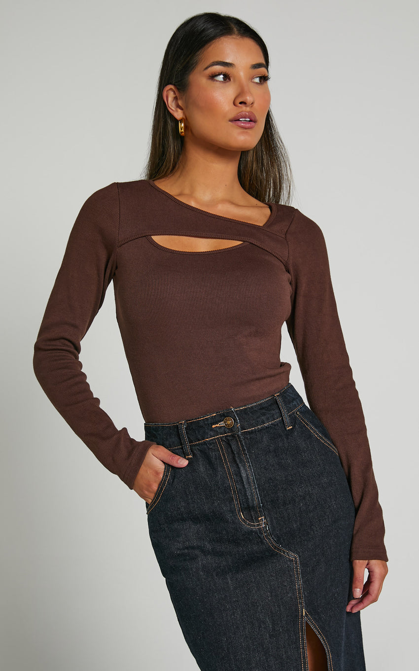 Remi Top - Long Sleeve Asymmetric Cut Out Top in Brown