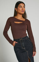 Remi Top - Long Sleeve Asymmetric Cut Out Top in Brown