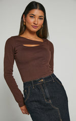 Remi Top - Long Sleeve Asymmetric Cut Out Top in Brown