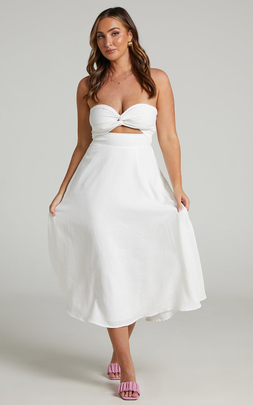 Avie Midi Dress - Twist Strapless Cocktail Dress in Off-white