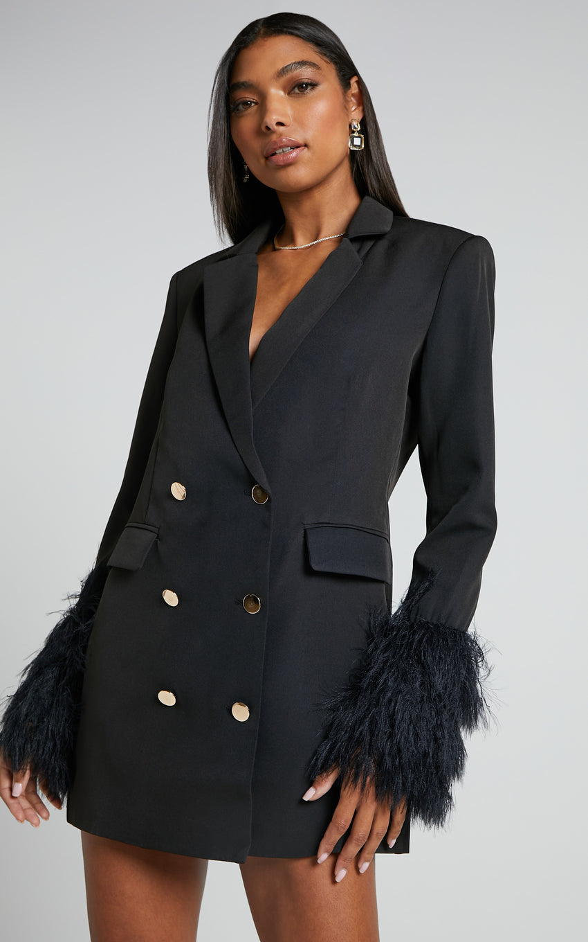 Rhaiza Mini Dress - Faux Feather Trim Double Breasted Blazer Dress in Black
