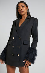 Rhaiza Mini Dress - Faux Feather Trim Double Breasted Blazer Dress in Black
