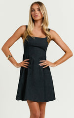 Rhaziya Mini Dress - Sleeveless Straight Neck Fit and Flare Dress in Black