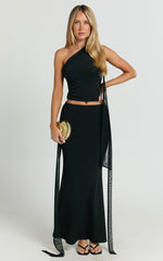 Rhoda Two Piece Set - Scarf Top and Tie Detail Maxi Skirt Set in Black
