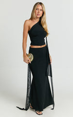 Rhoda Two Piece Set - Scarf Top and Tie Detail Maxi Skirt Set in Black