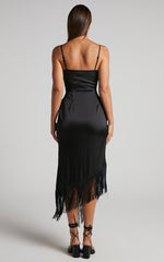 Rholie Midi Dress - Plunge Neck Fringe Hem Fixed Wrap Dress in Black