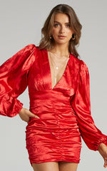 Richmond Mini Dress - Long Sleeve Ruched Dress in Red