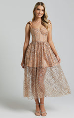 Rimea Midi Dress - Tie Shoulder Bustier Bodice Glitter Tulle Dress in Gold