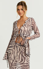Rita Top - Georgette Tie Front Flared Sleeve Top in Abstract Zebra Print