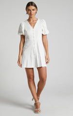 Rochelle Mini Dress - V Neck Button Through Dress in White