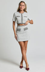 Rosa Two Piece Top and Skirt Set- Tailored Boucle Hardware Detail Button Down Top and Mini Skirt Set in Black and White