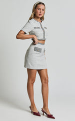 Rosa Two Piece Top and Skirt Set- Tailored Boucle Hardware Detail Button Down Top and Mini Skirt Set in Black and White