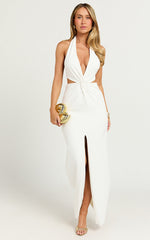 Rose Maxi Dress - Plunge Halter Front Split Dress in White