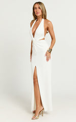 Rose Maxi Dress - Plunge Halter Front Split Dress in White
