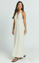 Ruth Maxi Dress - Halter Neck Dress in Neutral Stripe