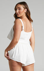 Zanrie Two Piece Set - Linen Square Neck Crop Top and High Waist Mini Flare Shorts Set in White Linen Look