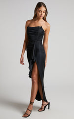 Sabrina Midi Dress - Strapless Corset Thigh Split Dress in Black