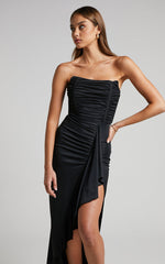 Sabrina Midi Dress - Strapless Corset Thigh Split Dress in Black