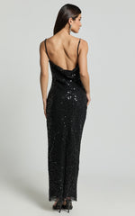 Sally Maxi Dress - Cowl Neck Backless Sequin Mesh Dress in Black