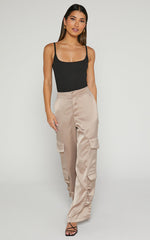Saori Pants - Mid Rise Satin Cargo Pants in Mushroom