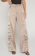 Saori Pants - Mid Rise Satin Cargo Pants in Mushroom