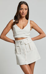 Sarah Two Piece Set - V Neck Crop Top and Belted Utility Mini Skirt in Cream