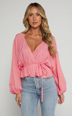Selena Top - Linen V Neck Wrap Long Blouson Sleeve in Peach