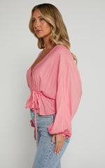 Selena Top - Linen V Neck Wrap Long Blouson Sleeve in Peach