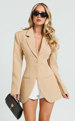 Seville Blazer -  Long Line Notched Lapel Blazer in Beige