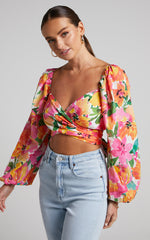 Shairah Top - Long Sleeve Tie Back Wrap Crop Top in In Bloom