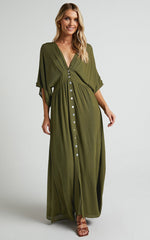 Sitting Pretty Maxi Dress - Short Sleeve Button Down Dress in Olive