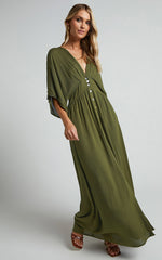 Sitting Pretty Maxi Dress - Short Sleeve Button Down Dress in Olive