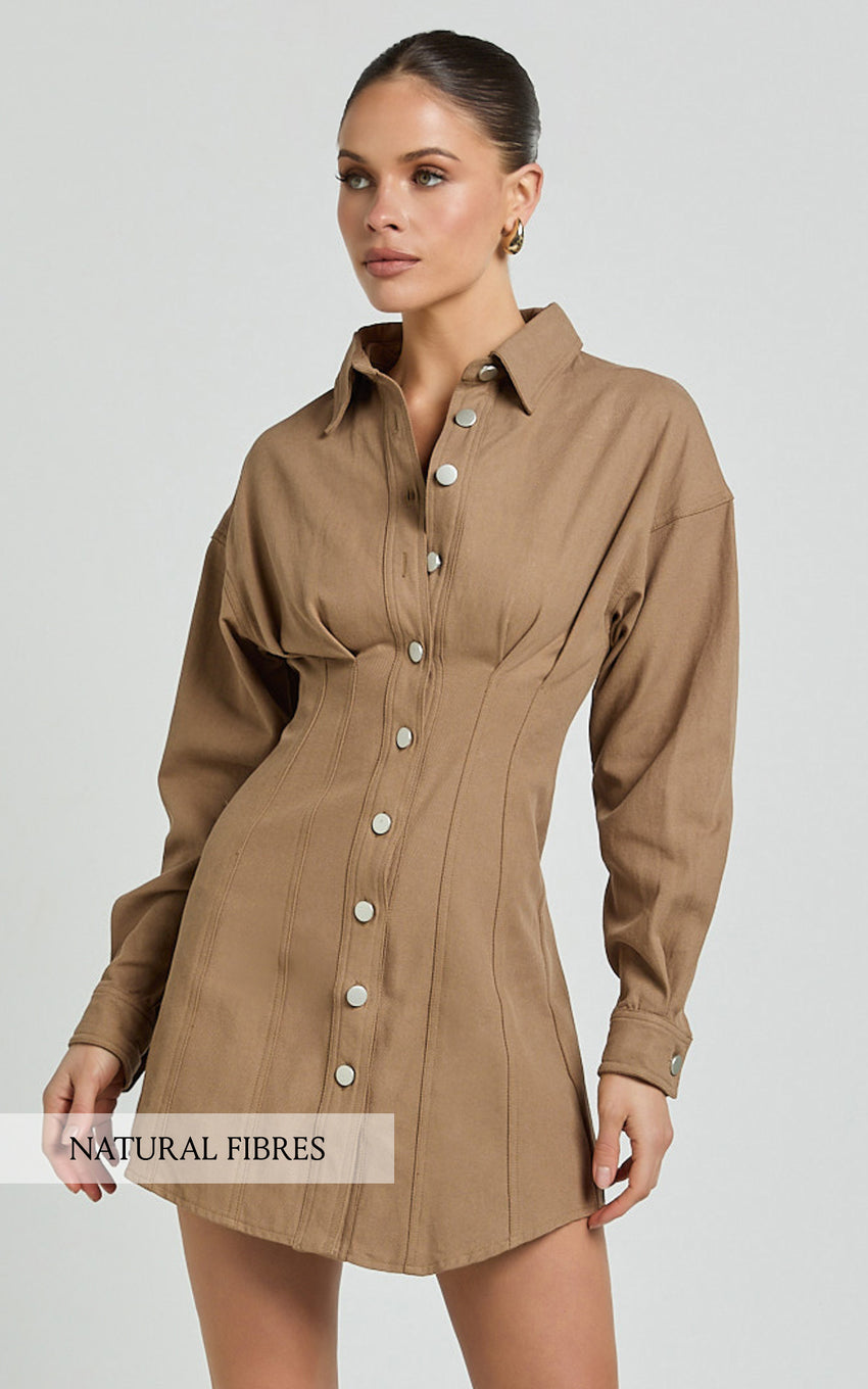 Sofia Mini Dress - Button Through Long Sleeve Dress in Mocha