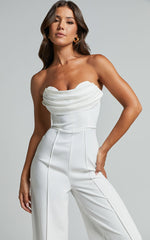 Stacey Jumpsuit - Strapless Cowl Wide Leg Jumpsuit in Off White