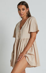Staycation Mini Dress - Smock Button Up Dress in Beige