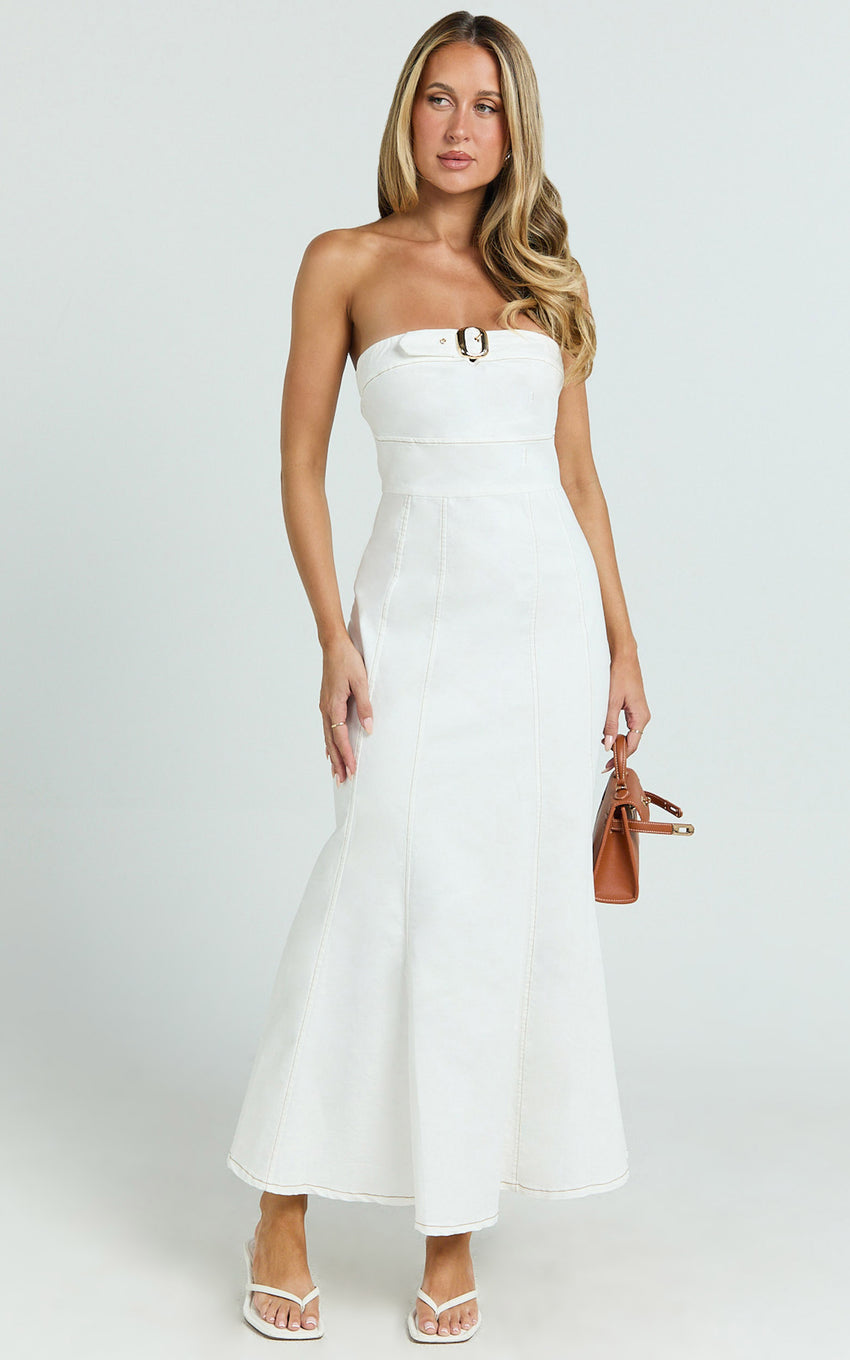 Sue Midi Dress - Strapless Belt Detail Dress in White