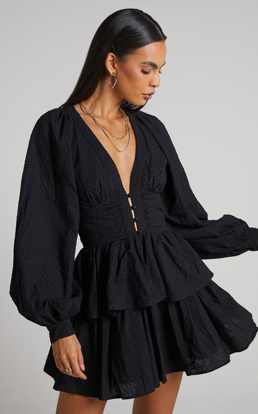 Suki Mini Dress - Plunge Neck Balloon Sleeve Tiered Ruffle Dress in Black