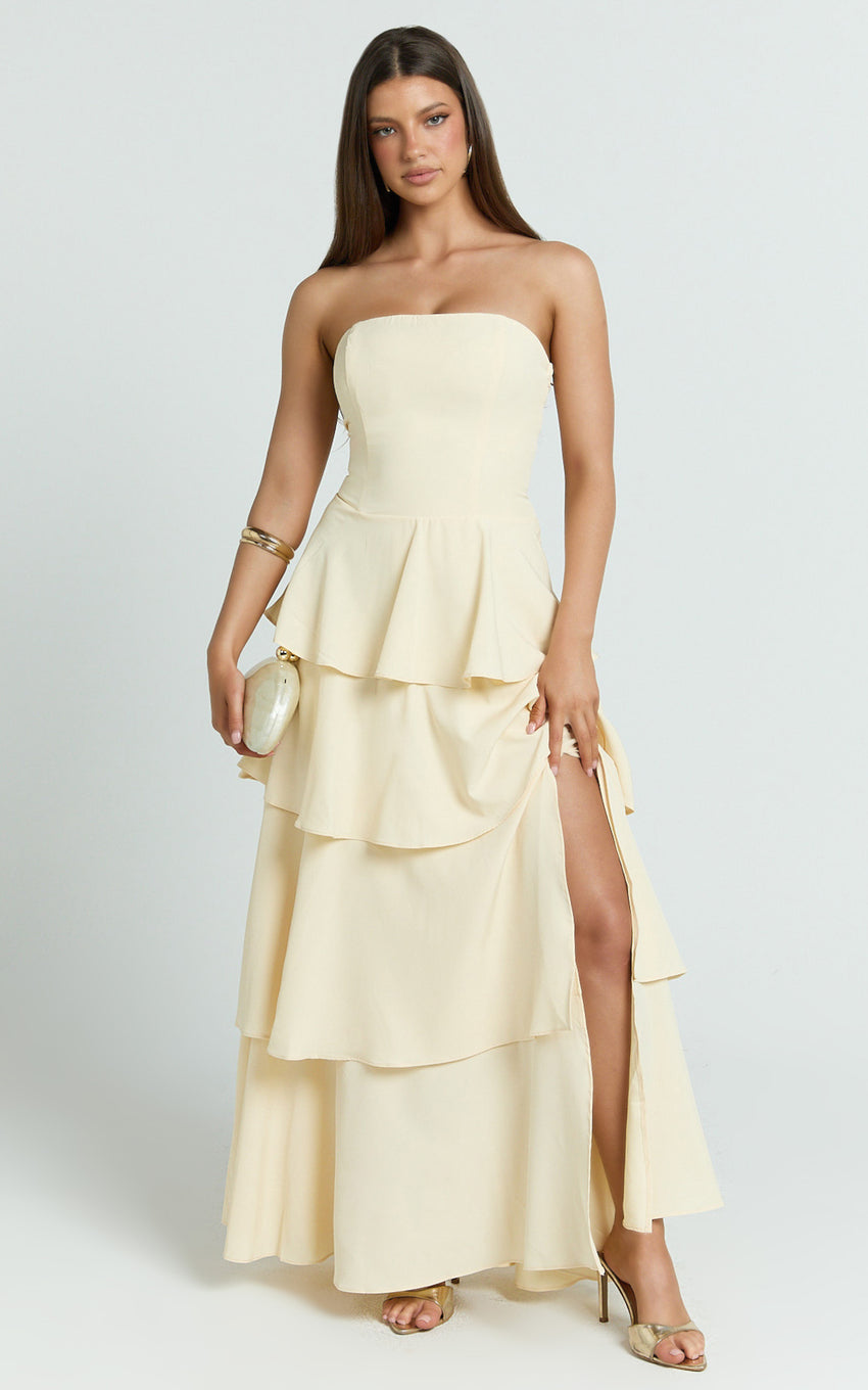 Suzy Maxi Dress - Tiered Ruffle Lace Up Dress in Lemon
